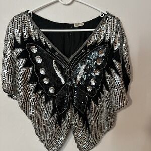 Butterfly sequin top Medium Large Sparkly Party Holiday Badass 80's Vintage